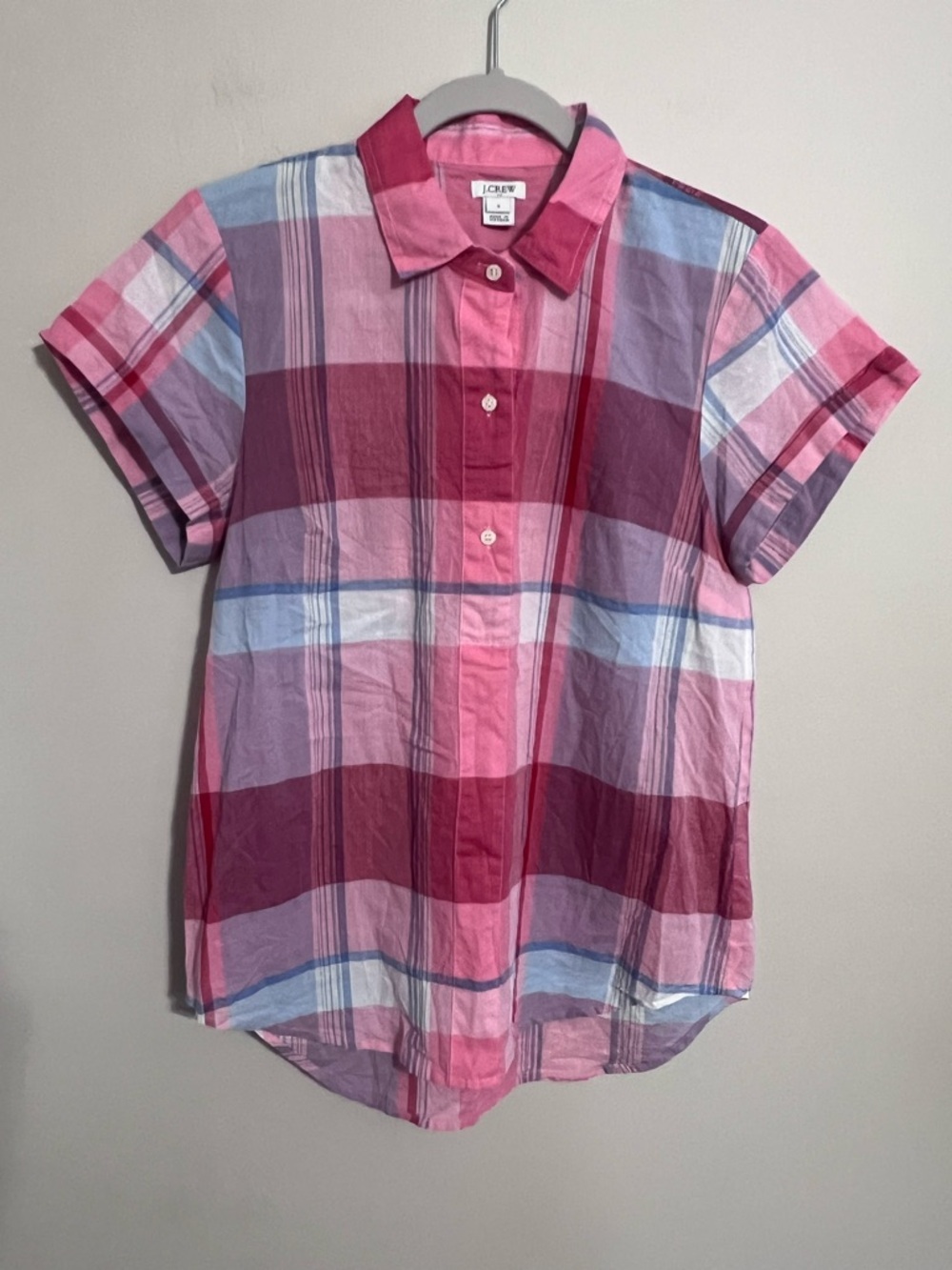 J Crew Pink Plaid Popover Short Sleeve Lightweight Shirt size small